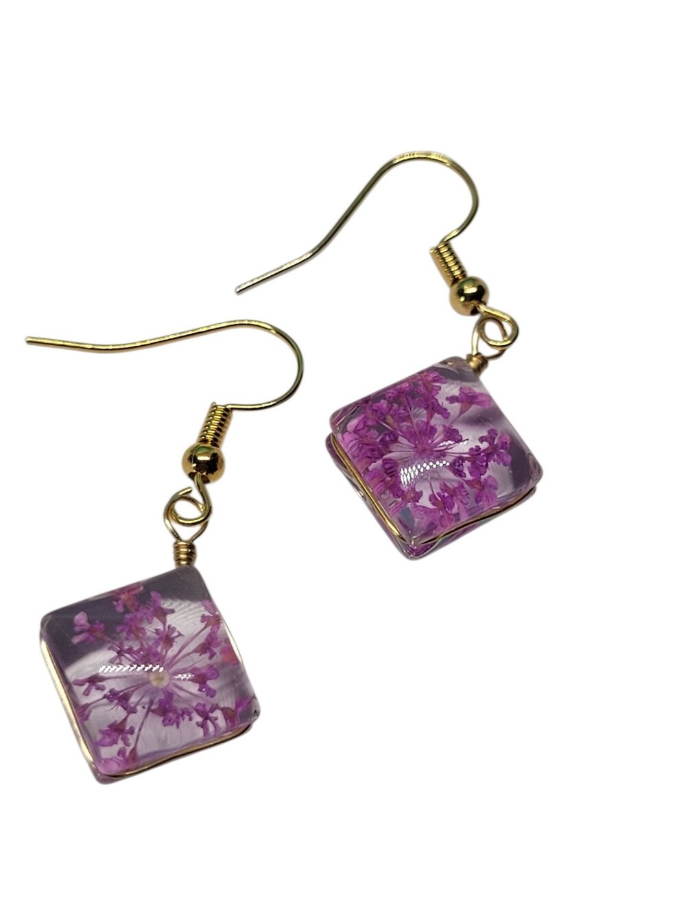 Handmade Purple Floral Glass Drop Earrings with Gold Hooks